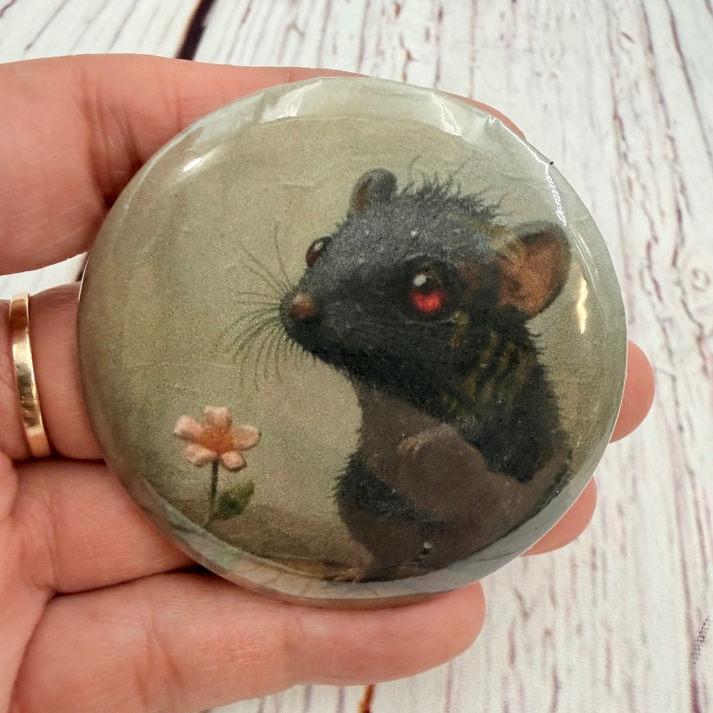 Handmade Whimsical Rat Red Eyes Flower Round Refrigerator Magnet 2.25 Inch